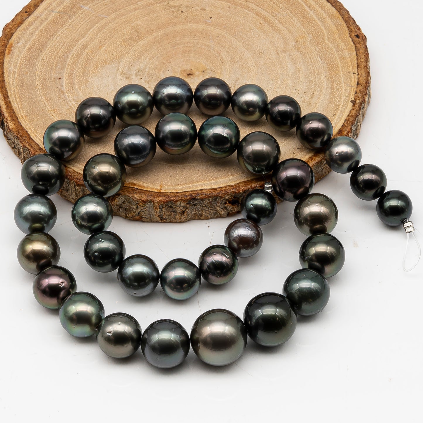 9.7-14.6mmmm Tahitian Pearl in Full Strand, Natural Colors with High Luster, Temporarily Strung Black Pearls for Jewelry Making, SKU # 2999TH