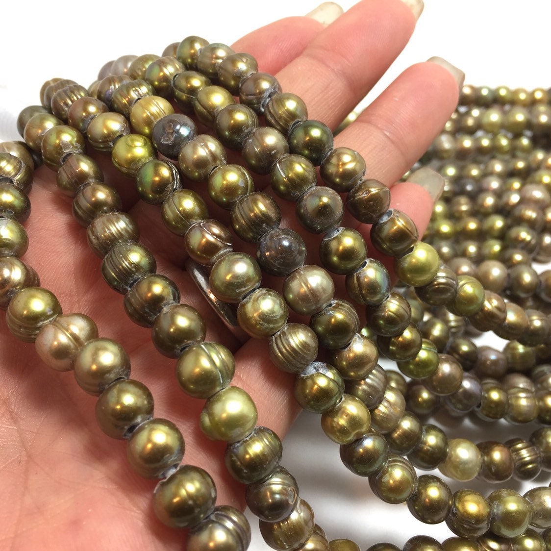Large Hole Pearls, 7-7.5mm Potato Shape, Olive Green Colors Freshwater Pearls, 8 inch strand with 2.5mm Hole Size, LH047