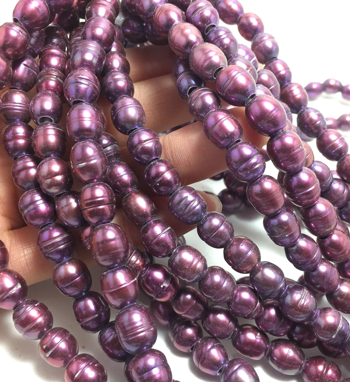 Large Hole Pearls 8-8.5mm Purple Rice Shape Freshwater Pearls, 8 inches with 2.5mm Hole, LH073