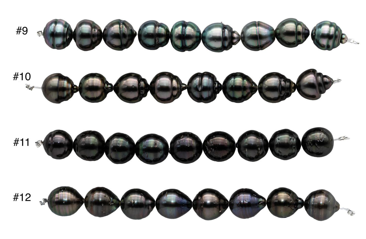 Light Color Tahitian Pearl Teardrops with Nice Luster and Blemishes, Dark Color Pearl Strands in 4 Inches Long, 10-11mm, SKU#1100TH