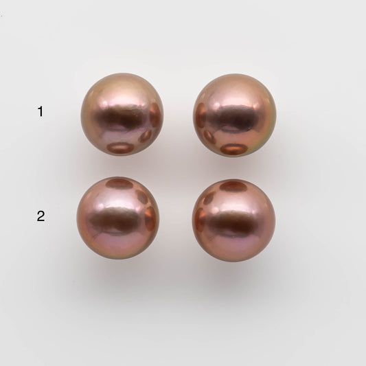 11-12mm Round Edison Pearl in Natural Rose Gold Color with Beautiful Luster, Matching Pair in Half Drilled for Making Earring, SKU # 1781EP