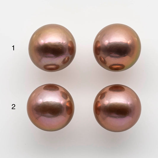 11-12mm Round Edison Pearl in Natural Rose Gold Color with Beautiful Luster, Matching Pair in Half Drilled for Making Earring, SKU # 1781EP