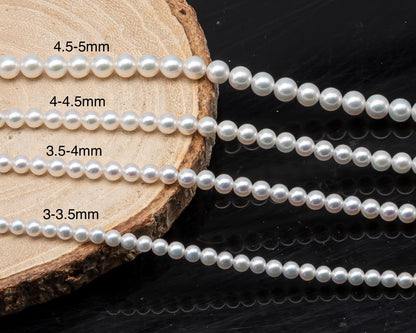 AAA+ 3-3.5mm, 3.5-4mm, 4-4.5mm or 4.5-5mm Freshwater Pearl in Full Strand, White Colors with High Luster, Pre-Strung for Jewelry Making, SKU # 3124FW