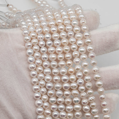6-7mm Freshwater Pearl in Potato or Semi Round Shape,  Full Strand White Color with Nice Luster for Beading or Jewelry Making, SKU # 2435FW