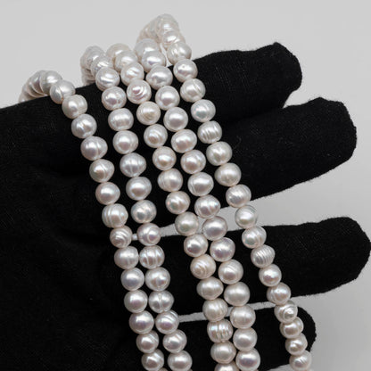 6-7mm Freshwater Pearl in Potato or Semi Round Shape,  Full Strand White Color with Nice Luster for Beading or Jewelry Making, SKU # 2435FW