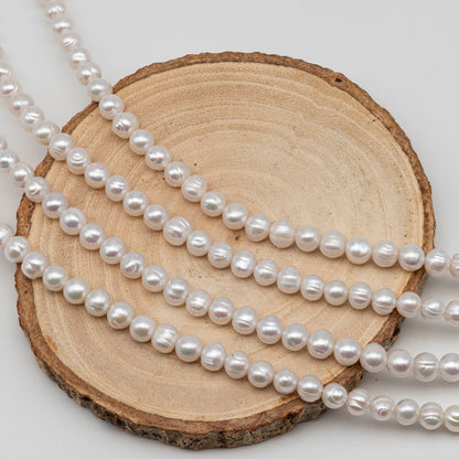 6-7mm Freshwater Pearl in Potato or Semi Round Shape,  Full Strand White Color with Nice Luster for Beading or Jewelry Making, SKU # 2435FW