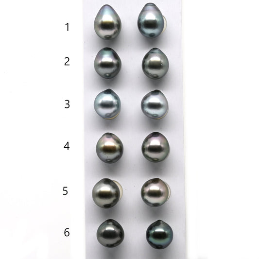 9.5-10mm Loose Pair of Tahitian Pearl Drops Natural Color with Amazing Lusters, High Quality Beads for Making Earring, SKU # 1664TH