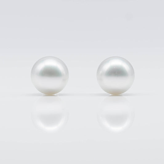 12.9mm Round South Sea Pearl Matching Pair in Natural White Color and High Luster, Half Drilled for Making Earring, SKU # 1694SS