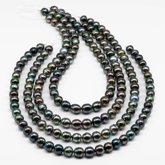 9-10mm Black Tahitian Pearl Near Round in High Luster and Natural Color with Blemishes for Beading, Full Strand, SKU # 1711TH