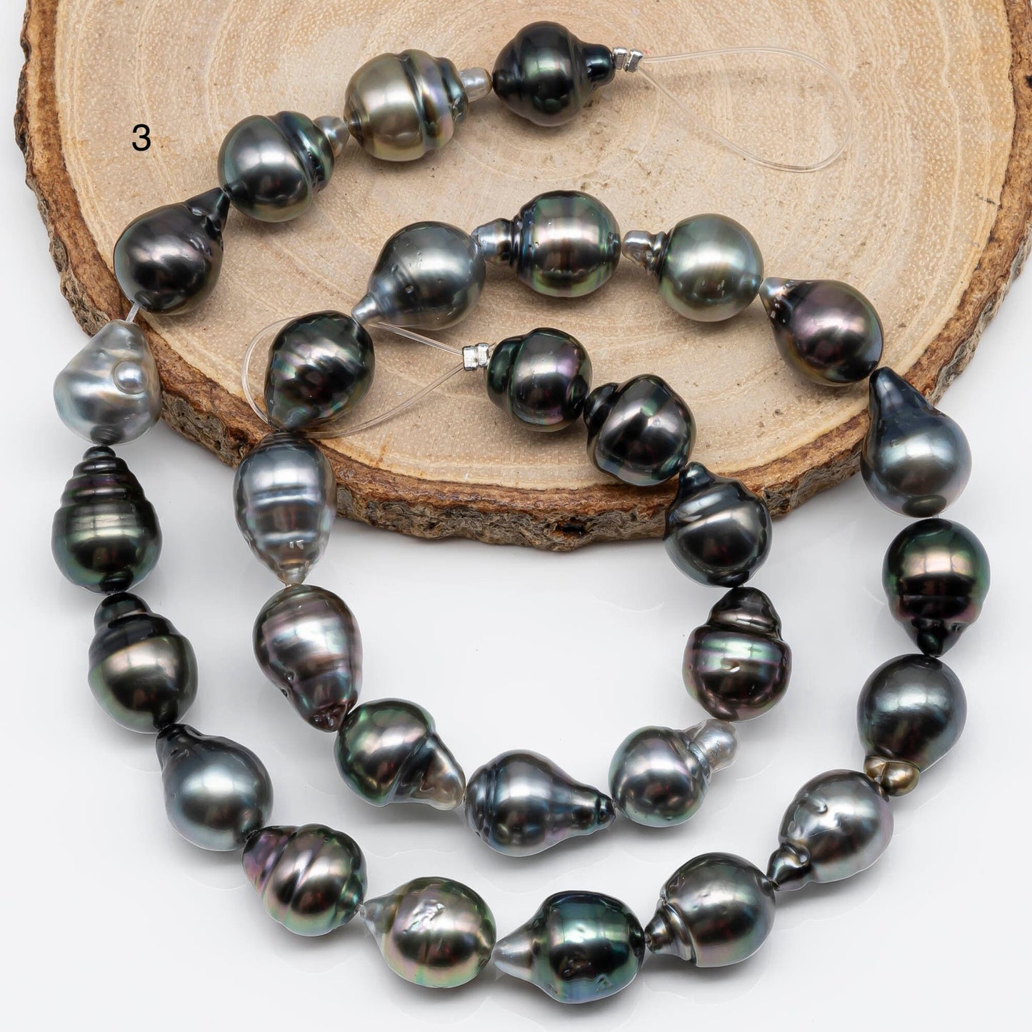 10-11mm Teardrop Tahitian Pearl in Natural Color and High Luster, Full Strand with Blemishes for Beading, SKU # 1719TH