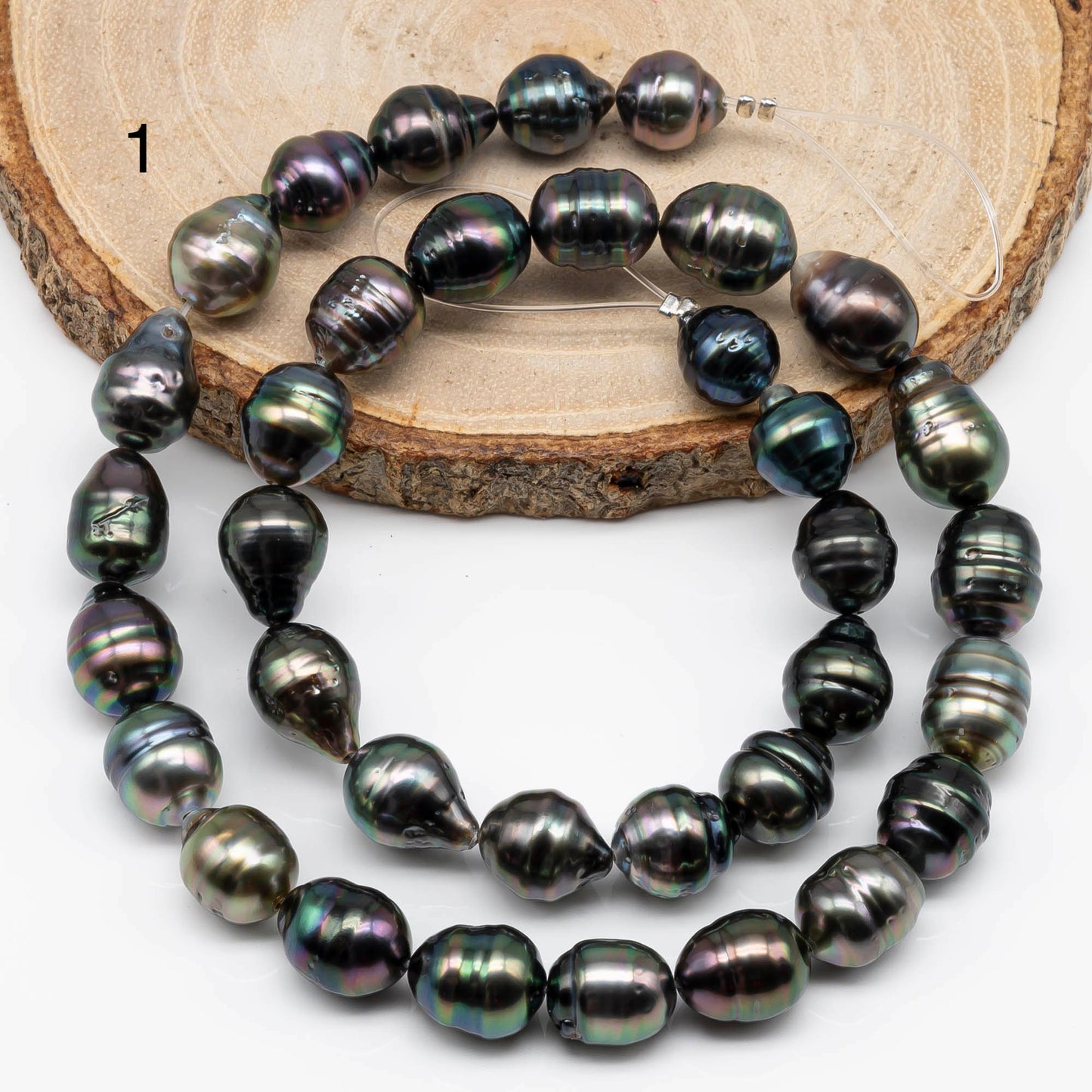 9-10mm Tahitian Pearl Teardrop in High Luster and Natural Color with Blemishes for Beading in Full Strand, SKU # 1708TH