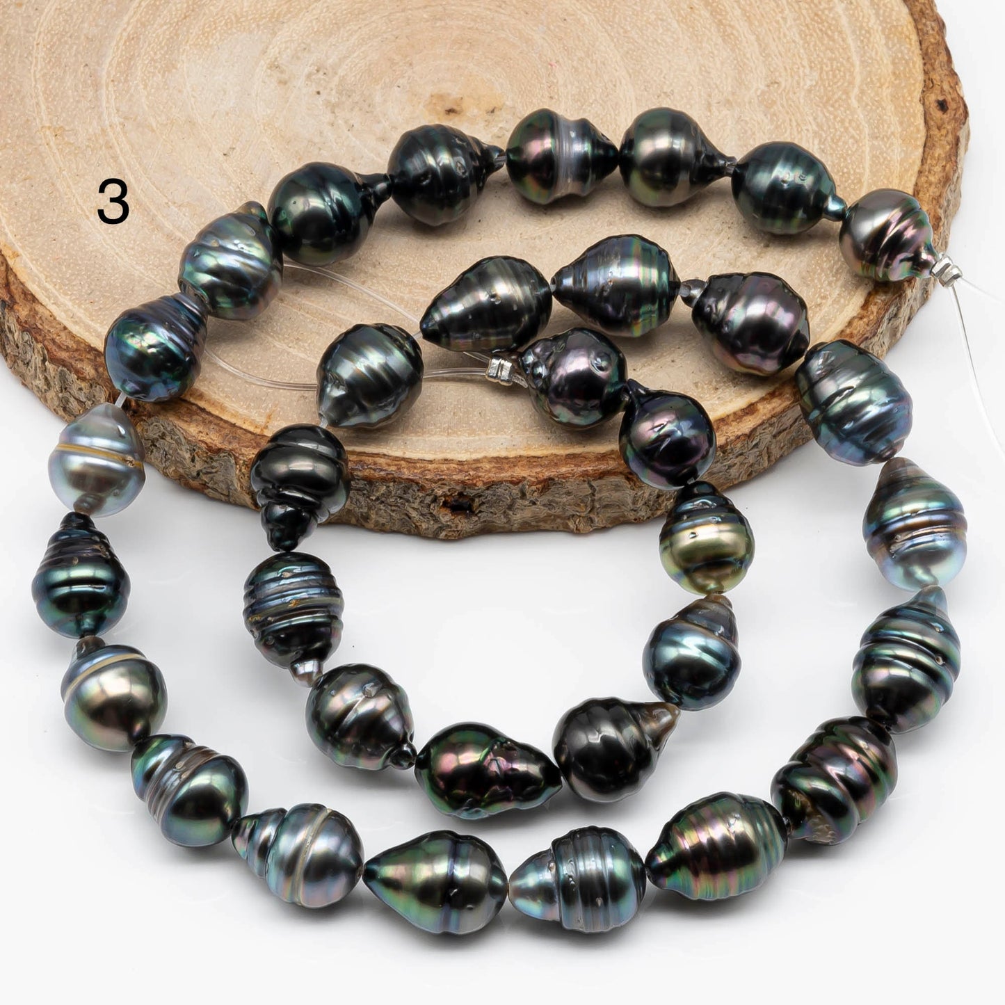 9-10mm Tahitian Pearl Teardrop in High Luster and Natural Color with Blemishes for Beading in Full Strand, SKU # 1708TH