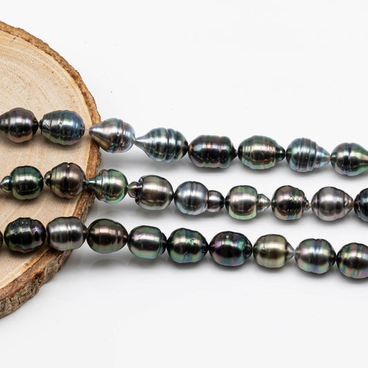 9-10mm Tahitian Pearl Teardrop in High Luster and Natural Color with Blemishes for Beading in Full Strand, SKU # 1708TH