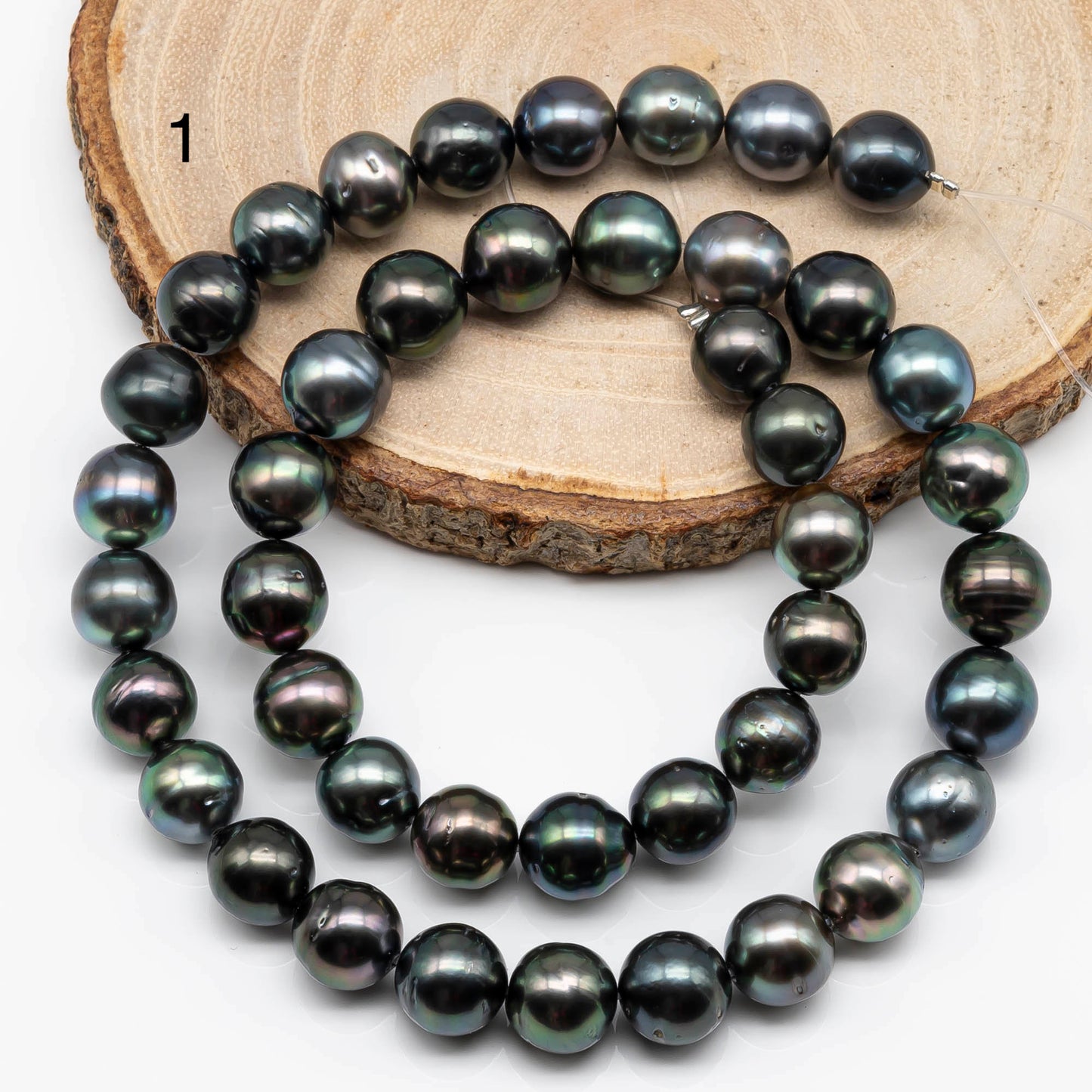 9-10mm Near Round Tahitian Pearl in Natural Color and High Luster with Blemishes in Full Strand for Jewelry Making, SKU # 1713TH