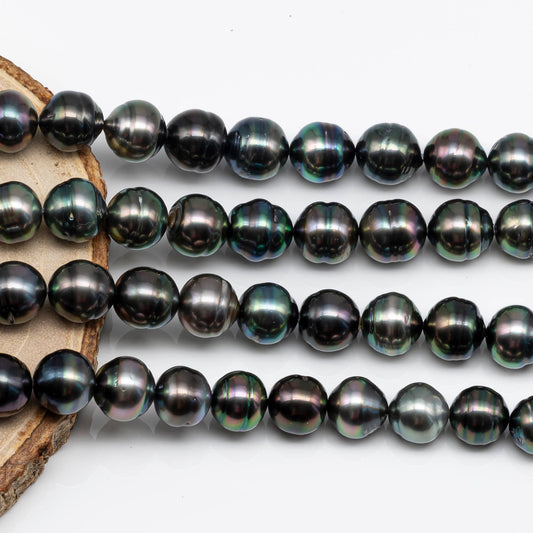 10-11mm Near Round Tahitian Pearl in High Luster and Natural Color with Blemishes, Full Strand for Jewelry Making, SKU # 1717TH