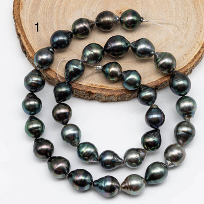 10-11mm Tahitian Pearl Drops with Natural Color and High Luster, Full Strand with Blemishes for Jewelry Making, SKU # 1718TH