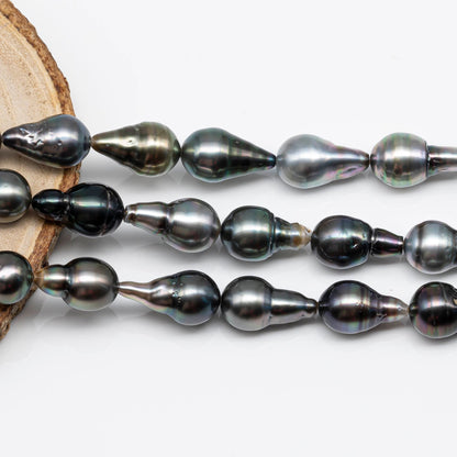 10-11mm Tahitian Pearl Teardrop with High Luster and Natural Color, Full Strand with Blemishes for Jewelry Making, SKU # 1720TH