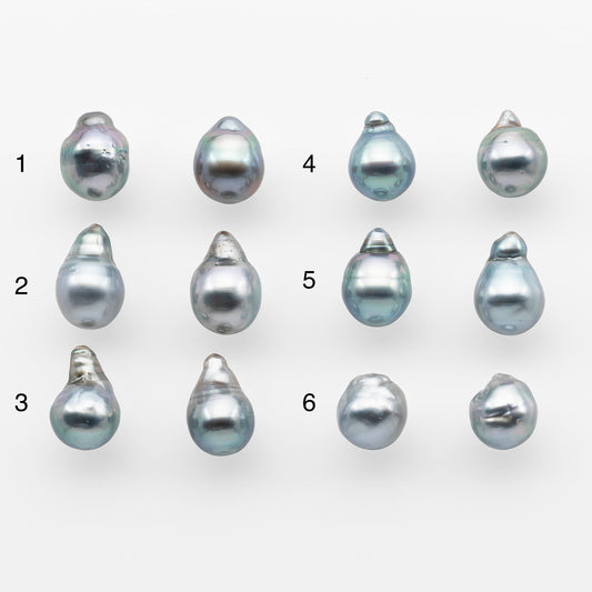 9-10mm Matching Pair Silver Blue Tahitian Pearl with High Luster, Undrilled for Making Earring or Pendant, SKU # 2075TH