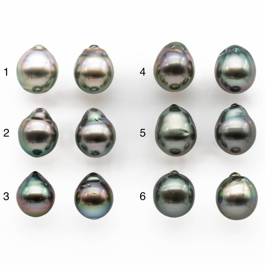 9-10mm Matching Pair Teardrop Tahitian Pearl Loose Undrilled with Minor Blemish and High Luster, For Making Earring, SKU # 2025TH