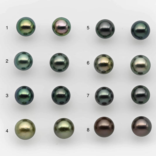 9-10mm Matching Pair Round Tahitian Pearl in Amazing Luster with Minor Blemish, Undrilled for Making Earring or Pendant, SKU # 2219TH