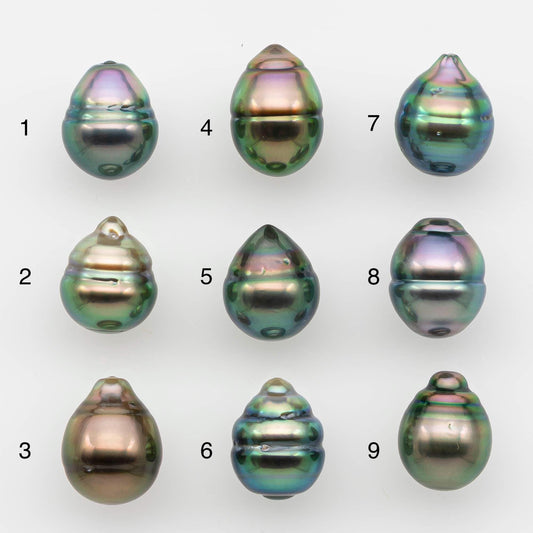 9-10mm Natural Color Tahitian Pearl Drop Shape Loose Single Piece Undrilled in High Luster and Minor Blemishes, SKU # 2632TH