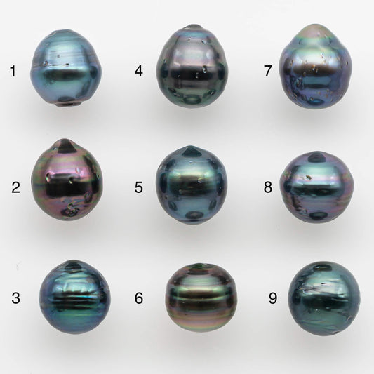 9-10mm Natural Color Tahitian Pearl Drop Shape Loose Single Piece Undrilled in High Luster and Minor Blemishes, SKU # 2587TH