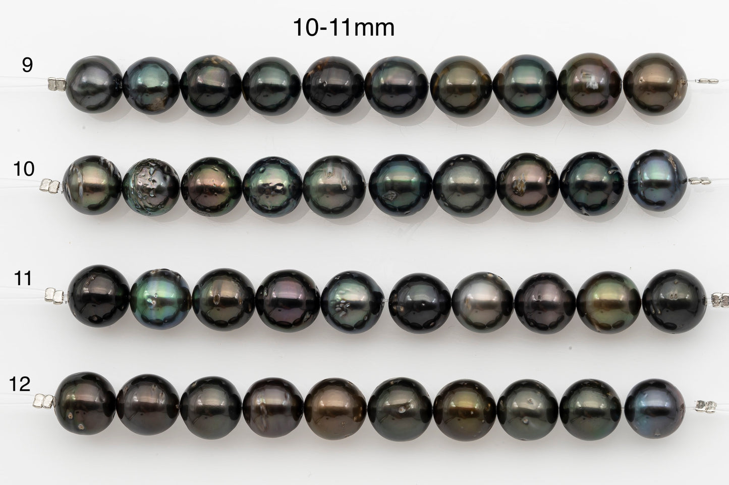 10-11mm or 11-12mm Tahitian Pearl Short Strand, Near Round with High Luster and Natural Surface Variations, SKU # 2710TH