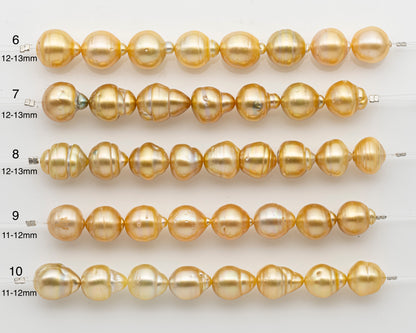 11-12mm or 12-13mm Golden South Sea Pearl Short Strand, Drop and Natural Color Pearls for Jewelry Making, SKU # 2800GS