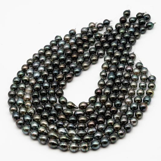 10-11mm Tahitian Pearl in Full Strand, Natural Colors with High Luster, Temporarily Strung Black Pearls for Jewelry Making, SKU # 2861TH