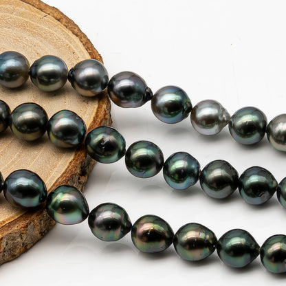 9-10mm Tahitian Pearl in Full Strand, Natural Colors with High Luster, Temporarily Strung Black Pearls for Jewelry Making, SKU # 2865TH