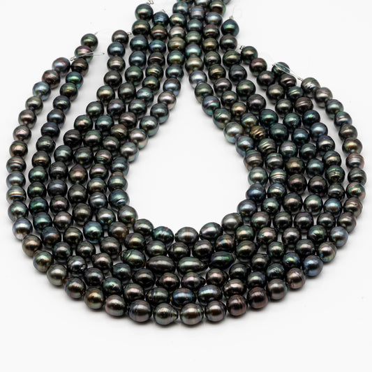 9-10mm Tahitian Pearl in Full Strand, Natural Colors with High Luster, Temporarily Strung Black Pearls for Jewelry Making, SKU # 2867TH