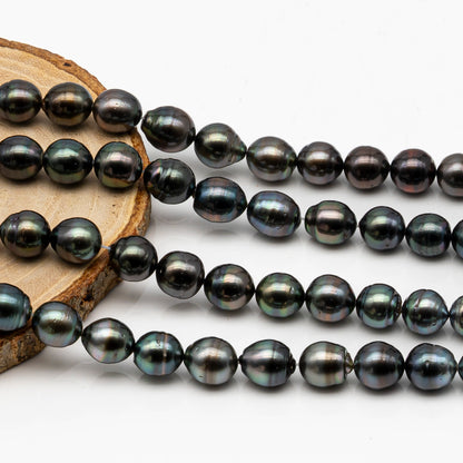 9-10mm Tahitian Pearl in Full Strand, Natural Colors with High Luster, Temporarily Strung Black Pearls for Jewelry Making, SKU # 2867TH
