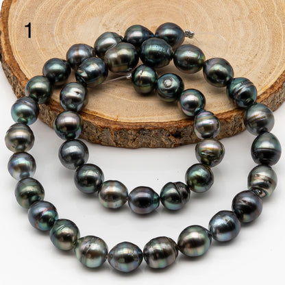 9-10mm Tahitian Pearl in Full Strand, Natural Colors with High Luster, Temporarily Strung Black Pearls for Jewelry Making, SKU # 2867TH