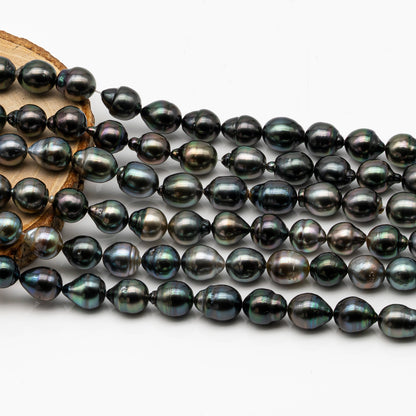 9-10mm Tahitian Pearl in Full Strand, Natural Colors with High Luster, Temporarily Strung Black Pearls for Jewelry Making, SKU # 2868TH