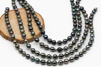 9-10mm Tahitian Pearl in Full Strand, Natural Colors with High Luster, Temporarily Strung Black Pearls for Jewelry Making, SKU # 2869TH