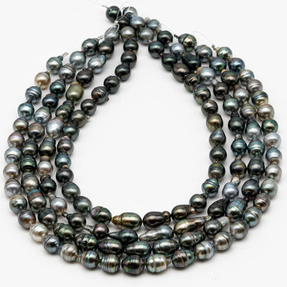 9-10mm Tahitian Pearl in Full Strand, Natural Colors with High Luster, Temporarily Strung Black Pearls for Jewelry Making, SKU # 2870TH