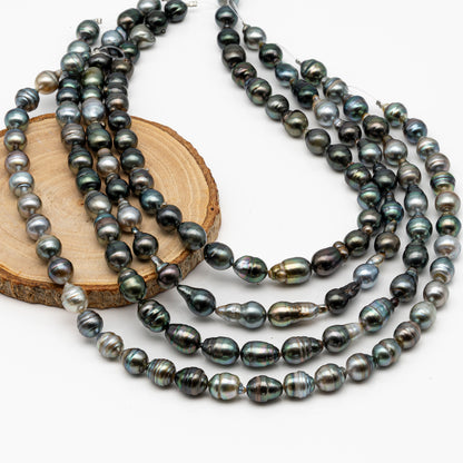 9-10mm Tahitian Pearl in Full Strand, Natural Colors with High Luster, Temporarily Strung Black Pearls for Jewelry Making, SKU # 2870TH