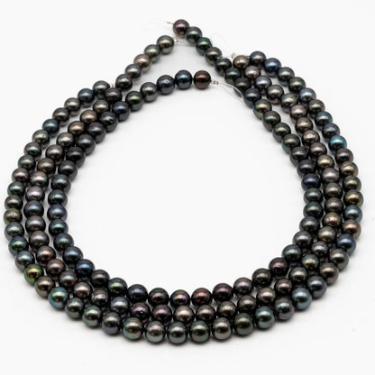 8-9mm Tahitian Pearl in Full Strand, Natural Colors with High Luster, Temporarily Strung Black Pearls for Jewelry Making, SKU # 2873TH