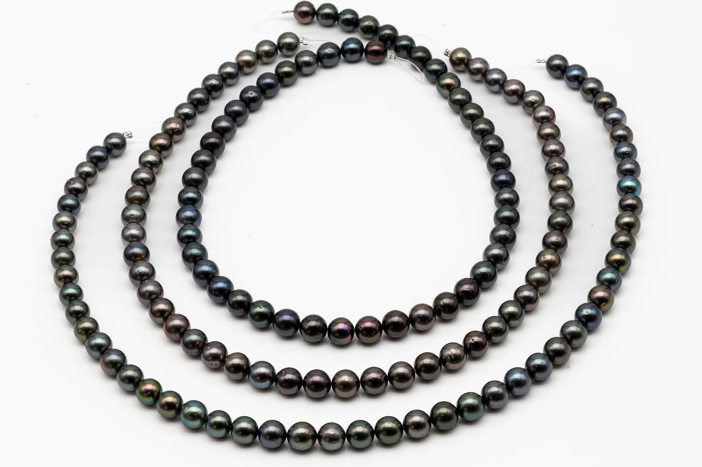 8-9mm Tahitian Pearl in Full Strand, Natural Colors with High Luster, Temporarily Strung Black Pearls for Jewelry Making, SKU # 2873TH