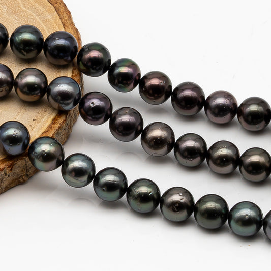 8-9mm Tahitian Pearl in Full Strand, Natural Colors with High Luster, Temporarily Strung Black Pearls for Jewelry Making, SKU # 2873TH