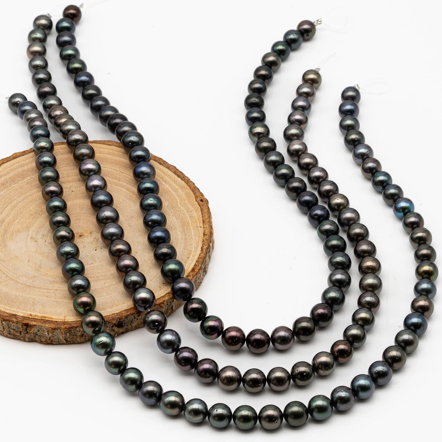 8-9mm Tahitian Pearl in Full Strand, Natural Colors with High Luster, Temporarily Strung Black Pearls for Jewelry Making, SKU # 2873TH