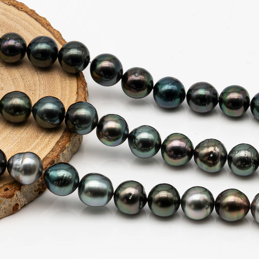 10-11mm Tahitian Pearl in Full Strand, Natural Colors with High Luster, Temporarily Strung Black Pearls for Jewelry Making, SKU # 2875TH