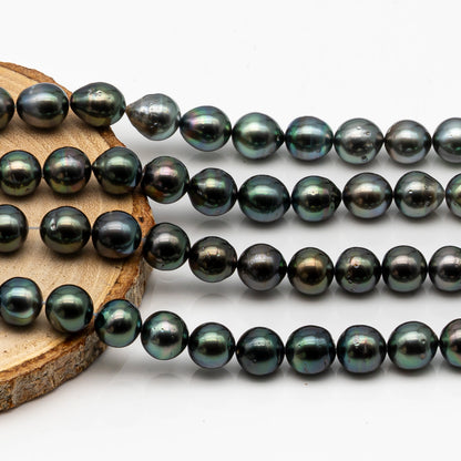 9-10mm Tahitian Pearl in Full Strand, Natural Colors with High Luster, Temporarily Strung Black Pearls for Jewelry Making, SKU # 2876TH