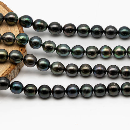 8-9mm Tahitian Pearl in Full Strand, Natural Colors with High Luster, Temporarily Strung Black Pearls for Jewelry Making, SKU # 2877TH