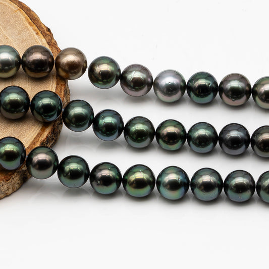 10-11mm Tahitian Pearl in Full Strand, Natural Colors with High Luster, Temporarily Strung Black Pearls for Jewelry Making, SKU # 2878TH