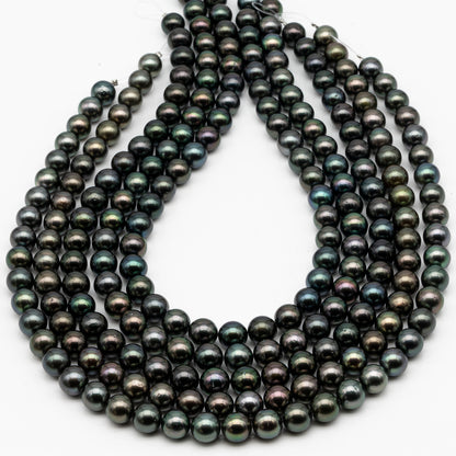 9-10mm Tahitian Pearl in Full Strand, Natural Colors with High Luster, Temporarily Strung Black Pearls for Jewelry Making, SKU # 2879TH