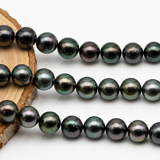 9-10mm Tahitian Pearl in Full Strand, Natural Colors with High Luster, Temporarily Strung Black Pearls for Jewelry Making, SKU # 2879TH