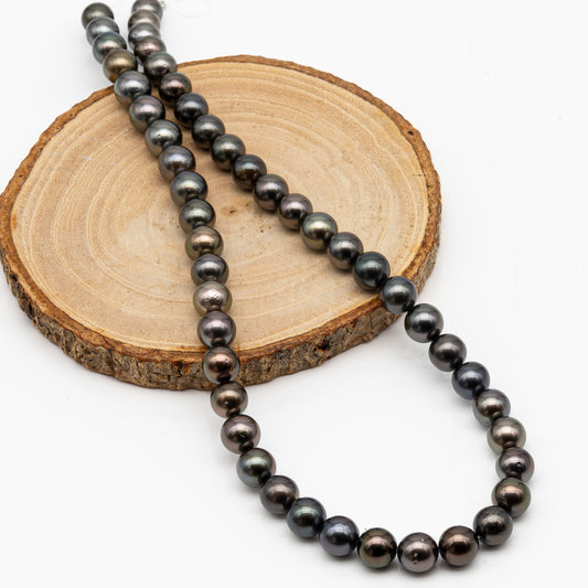8-9mm Tahitian Pearl in Full Strand, Natural Colors with High Luster, Temporarily Strung Black Pearls for Jewelry Making, SKU # 2880TH