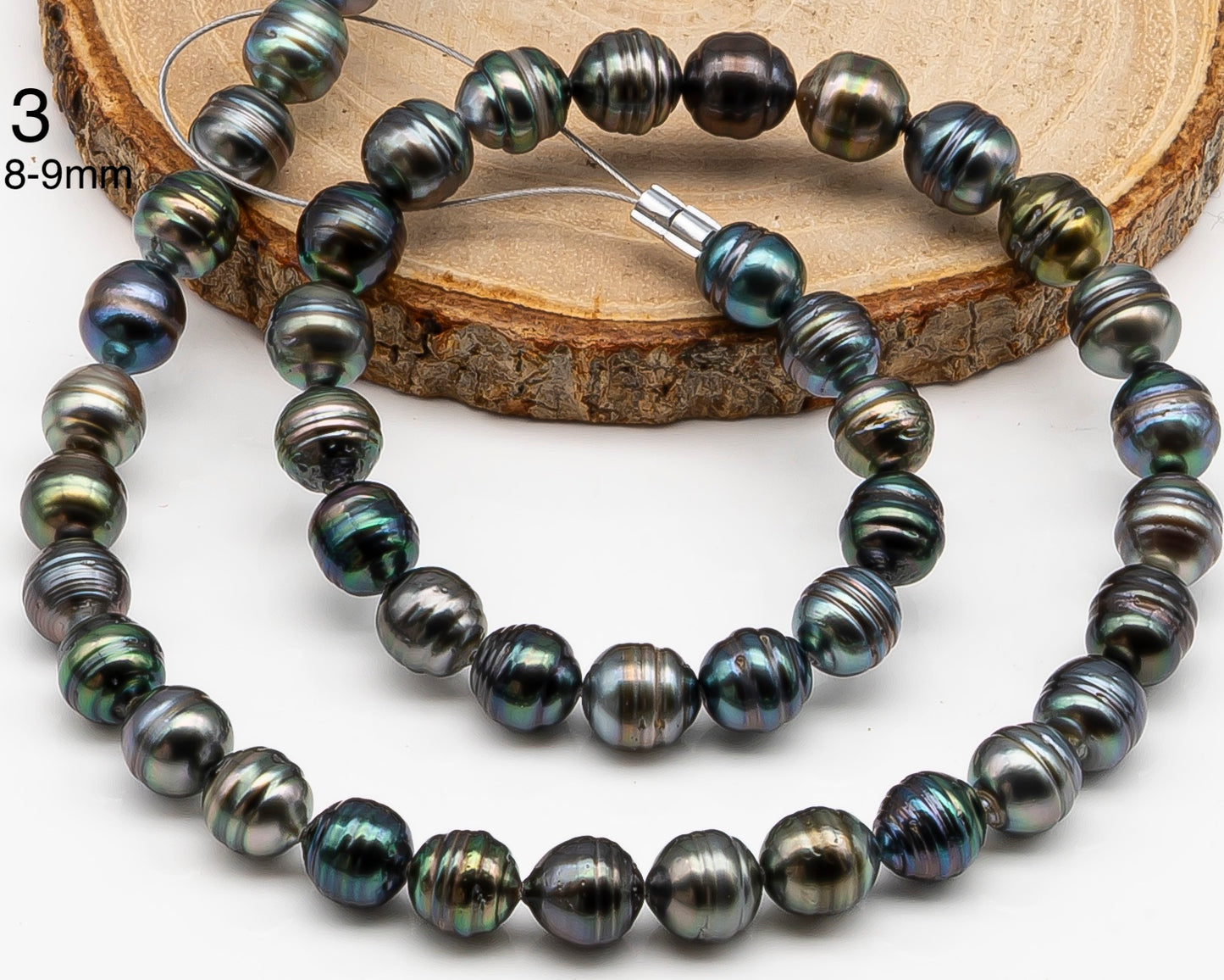 8, 9,10mm Tahitian Pearl in Full Strand with Minor Blemishe, Natural Colors , Temporarily Strung Black Pearls for Jewelry Making, SKU # 3331TH