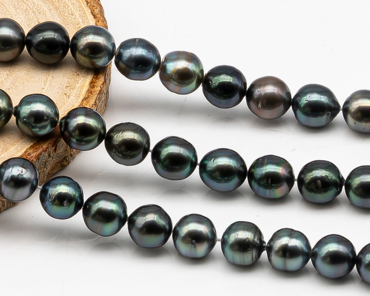 8-9mm Tahitian Pearl in Full Strand with Minor Blemishe, Natural Colors , Temporarily Strung Black Pearls for Jewelry Making, SKU # 3334TH